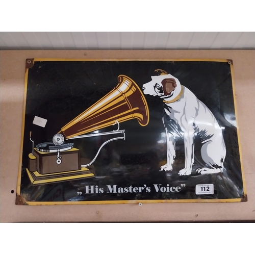 112 - His Master's Voice enamel advertising sign. {40 cm H x 60 cm W}.