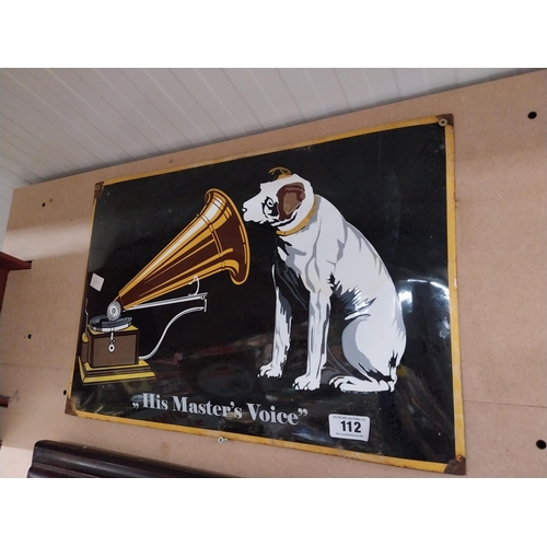 112 - His Master's Voice enamel advertising sign. {40 cm H x 60 cm W}.