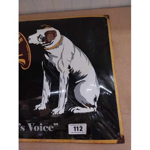 112 - His Master's Voice enamel advertising sign. {40 cm H x 60 cm W}.