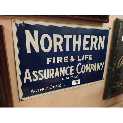 115 - Northern Fire and Life Assurance Co Ltd tin plate wall advertisement. {32 cm H x 46 cm W}.