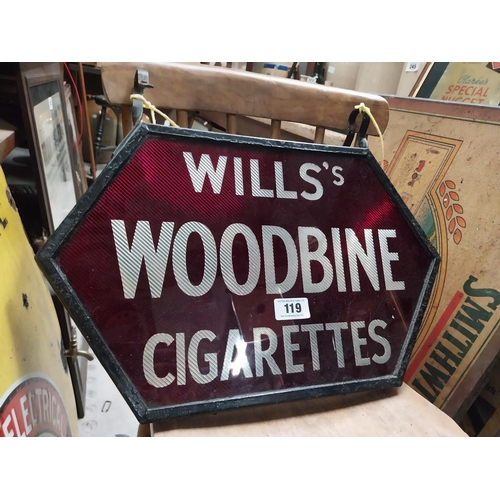 119 - Wills's Woodbine Cigarettes double sided glass hanging advertising sign. {42 cm H x 50 cm W}.