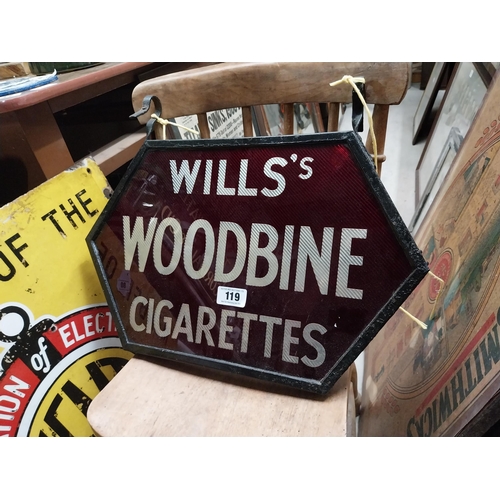 119 - Wills's Woodbine Cigarettes double sided glass hanging advertising sign. {42 cm H x 50 cm W}.