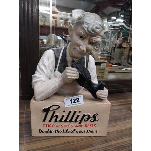 122 - Phillips Stick - a - Soles and Heels Ruberoid advertising figure. {30 cm H x 10 cm W x 12 cm D}.