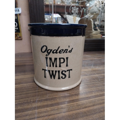 123 - Ogden's Imperial Twist stoneware tobacco jar. {16 cm H x 15 cm Dia.}