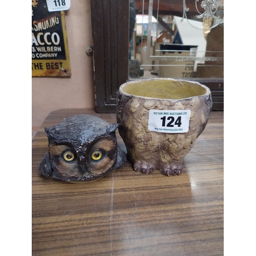 124 - Early 20th C ceramic tobacco jar in the form of an Owl. {16 cm H x 13 cm W x 10 cm D}.