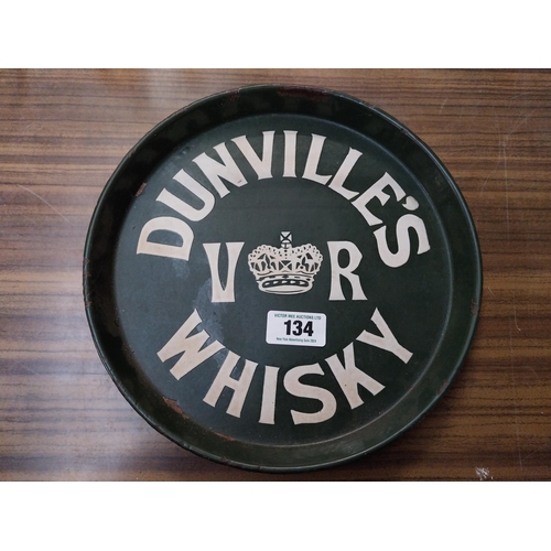 134 - Victorian VR Dunvilles Whiskey enamel advertising drink's tray. {30 cm Dia.}.