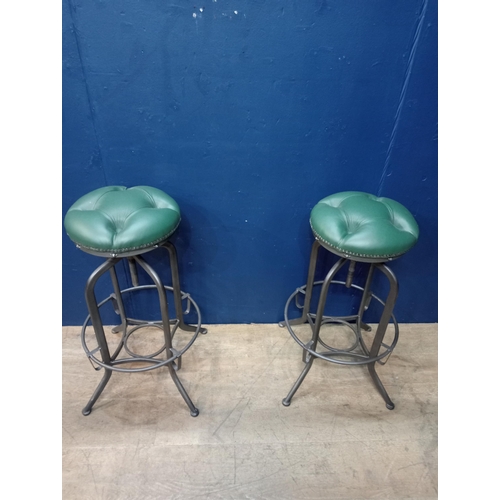 137A - Pair of industrial high adjustable metal stools deep button leather seats {H 74cm x Dia 33cm }.