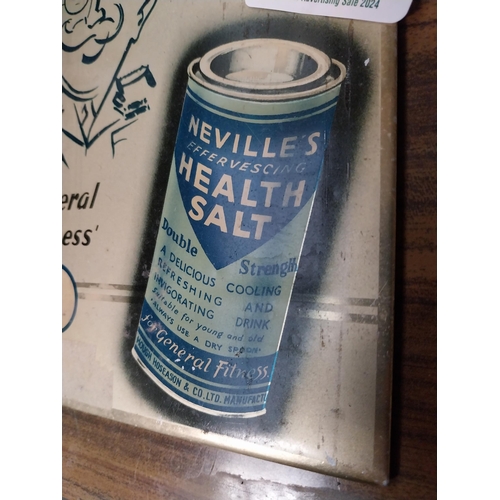 142 - Neville's Health Salt for General Fitness tin plate advertising sign. {23 cm H x 15 cm W}.