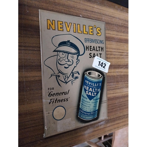 142 - Neville's Health Salt for General Fitness tin plate advertising sign. {23 cm H x 15 cm W}.