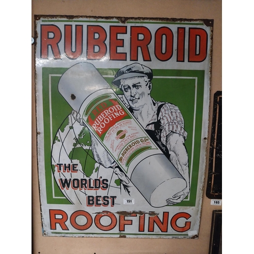 151 - Ruberoid the World's Best Roofing enamel advertising sign. {90 cm H x 68 cm W}.