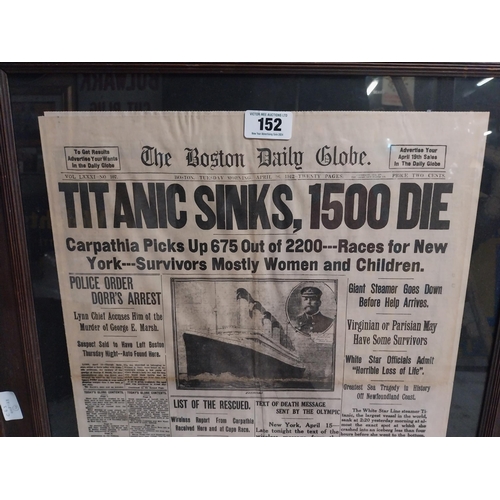 152 - The Boston Daily Globe with headlines Titanic Sinks 1500 Die framed advertising print.