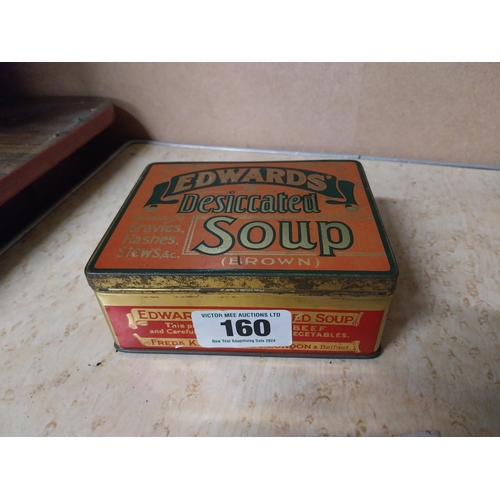 160 - Edwards Desiccated Soups tinplate advertising tin. {6 cm H x 13 cm W x 11 cm D}.