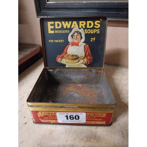 160 - Edwards Desiccated Soups tinplate advertising tin. {6 cm H x 13 cm W x 11 cm D}.