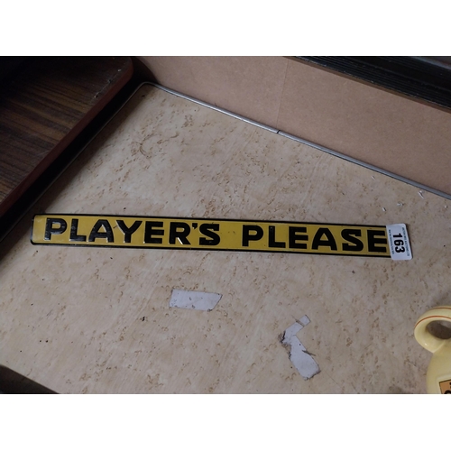 163 - Player's Please tinplate advertising shelf sign. {47 cm H x 4 cm D W}.