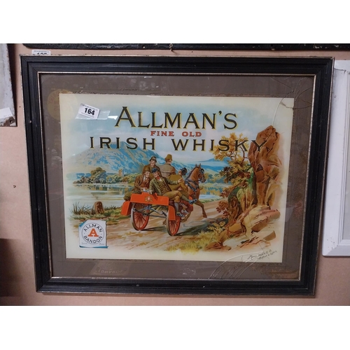 164 - Allman's Fine Old Irish Whiskey Bandon reverse painted glass advertising sign. {59 cm H x 72 cm W}.