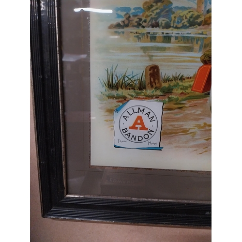 164 - Allman's Fine Old Irish Whiskey Bandon reverse painted glass advertising sign. {59 cm H x 72 cm W}.