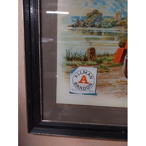 164 - Allman's Fine Old Irish Whiskey Bandon reverse painted glass advertising sign. {59 cm H x 72 cm W}.