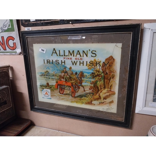 164 - Allman's Fine Old Irish Whiskey Bandon reverse painted glass advertising sign. {59 cm H x 72 cm W}.