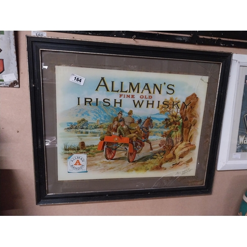 164 - Allman's Fine Old Irish Whiskey Bandon reverse painted glass advertising sign. {59 cm H x 72 cm W}.