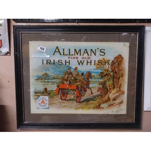 164 - Allman's Fine Old Irish Whiskey Bandon reverse painted glass advertising sign. {59 cm H x 72 cm W}.