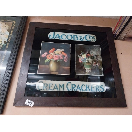 167 - 1930's Jacob and Co's Cream crackers reverse painted glass advertising sign in original wooden frame... 