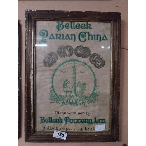 168 - Belleek Parian China framed advertising print. {45 cm H x 34 cm W}.