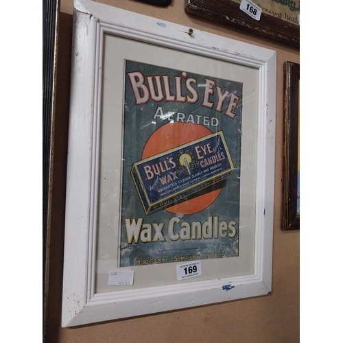 169 - Bull's Eye Wax Candles framed advertising print. {50 cm H x 37 cm W}.