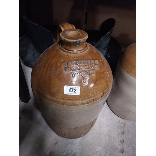 172 - N Carolan Dundalk five gallon stoneware flagon. {53 cm H x 29 cm Dia.}