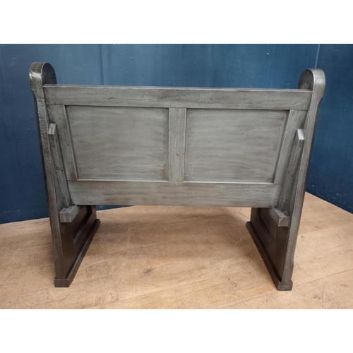 17A - Wooden Irish settle bench blue velvet {H 99cm x W 108cm x D 64cm }.