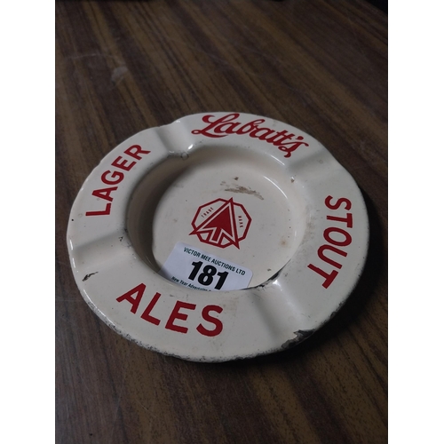 181 - Labatt's Lager Ales Stout enamel advertising ashtray. {2 cm H x 16 cm Dia.}