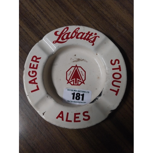 181 - Labatt's Lager Ales Stout enamel advertising ashtray. {2 cm H x 16 cm Dia.}