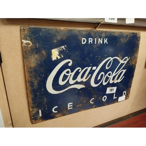 191 - Drink Ice Cold Coca Cola enamel advertising sign. {29 cm H x 39 cm W}.