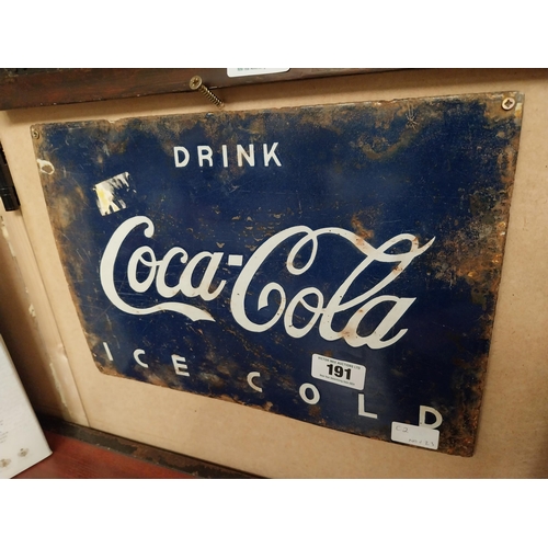 191 - Drink Ice Cold Coca Cola enamel advertising sign. {29 cm H x 39 cm W}.