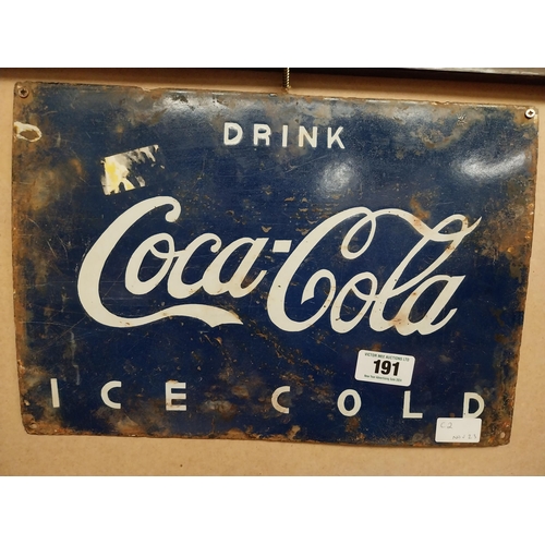 191 - Drink Ice Cold Coca Cola enamel advertising sign. {29 cm H x 39 cm W}.