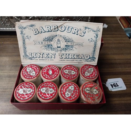 194 - Barbour's Linen Thread advertising box with contents. {6 cm H x 19 cm  W x 10 cm D}.