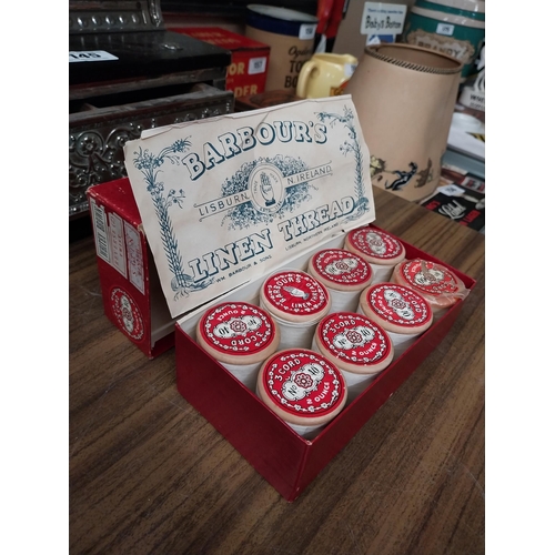 194 - Barbour's Linen Thread advertising box with contents. {6 cm H x 19 cm  W x 10 cm D}.