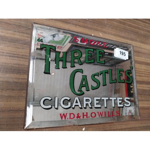 195 - Smoke Three Castles Cigarettes W D and H O Wills advertising mirror. {23 cm H x 31 cm W{.