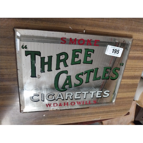 195 - Smoke Three Castles Cigarettes W D and H O Wills advertising mirror. {23 cm H x 31 cm W{.