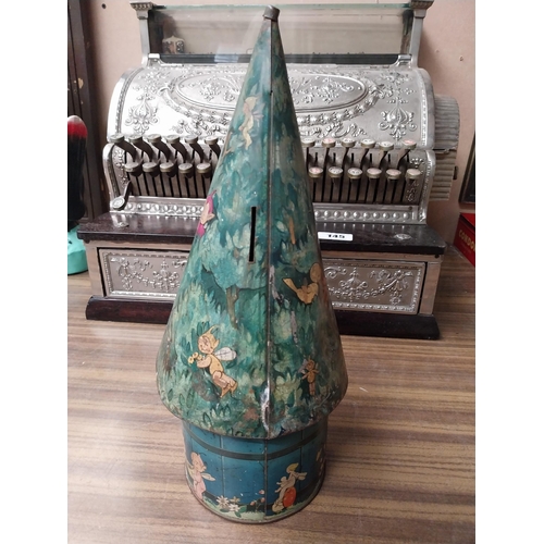 199 - Lucie Attwells's Fairy Tree tin plate advertising money box. {38 cm H x 15 cm Dia.}.