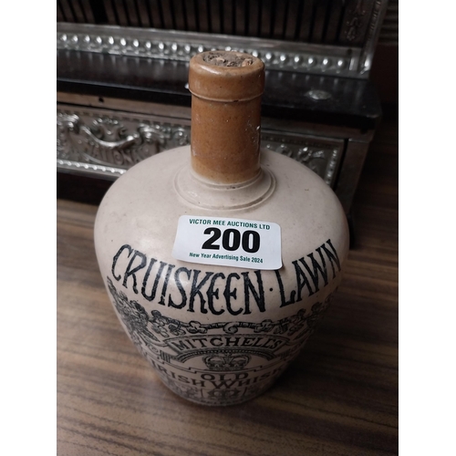 200 - Cruskeen Lawn stoneware advertising flagon. {20 cm H x 13 cm Diam}.