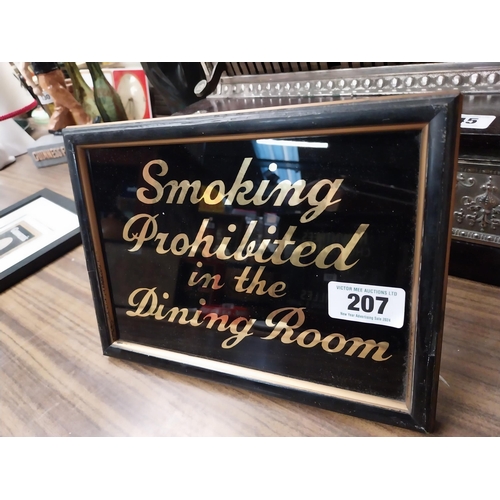 207 - Smoking Prohibited in the Dining Room reverse painted glass sign in wooden frame. {21 cm H x 28 cm W... 