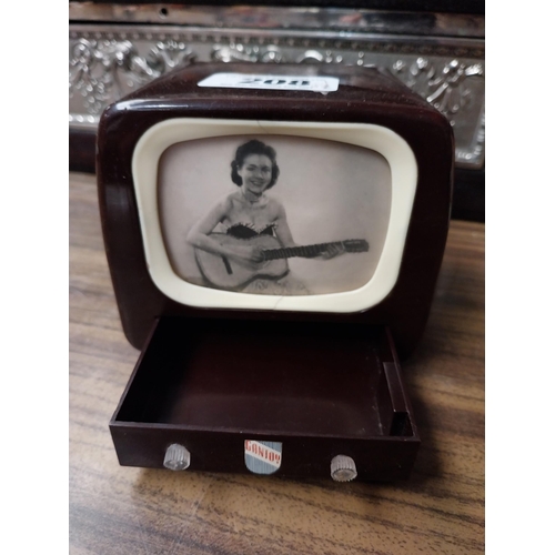 208 - 1950's Gantoy Bakelite jewellery box in the form of a TV. {10 cm H x 12 cm W x 10 cm D}.