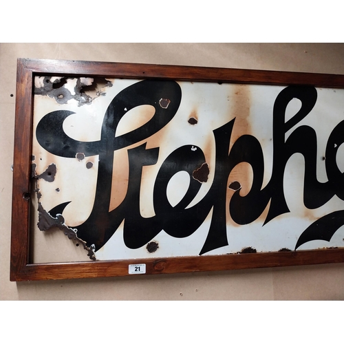 21 - Stephen's Ink enamel advertising sign in wooden frame. {61 cm H x 210 cm W}.