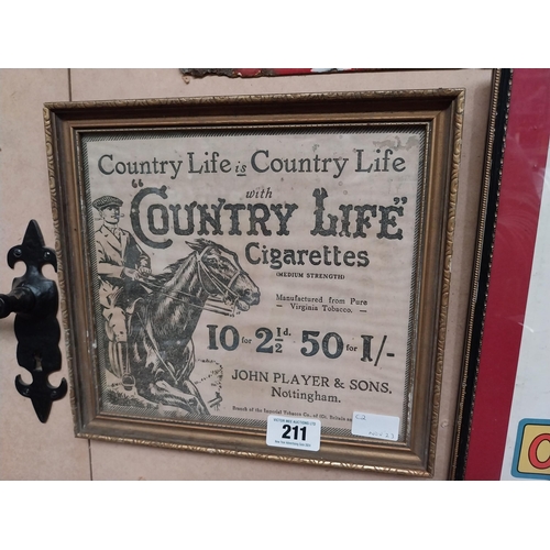 211 - Country Life Cigarettes framed advertising print. {29 cm H x 32 cm W}.