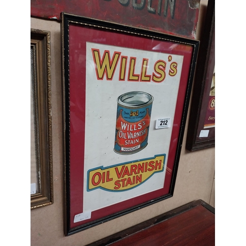 212 - Wills's Oil Varnish Stain framed advertising print.  {44 cm H x 31 cm W}.