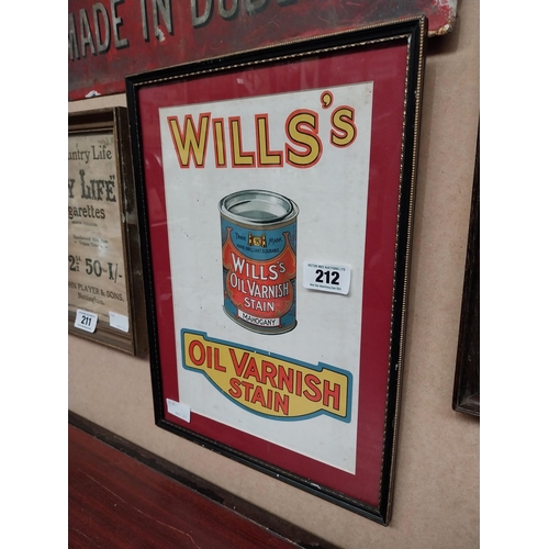 212 - Wills's Oil Varnish Stain framed advertising print.  {44 cm H x 31 cm W}.