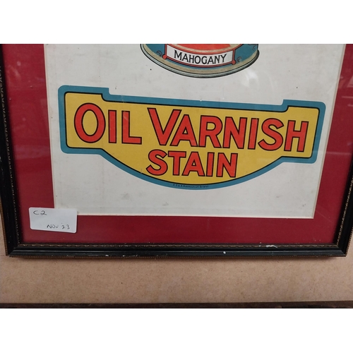 212 - Wills's Oil Varnish Stain framed advertising print.  {44 cm H x 31 cm W}.