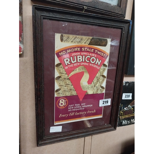 219 - John Sinclair's Rubicon framed advertising print. {40 cm H x 30 cm W}.