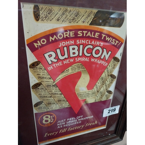 219 - John Sinclair's Rubicon framed advertising print. {40 cm H x 30 cm W}.