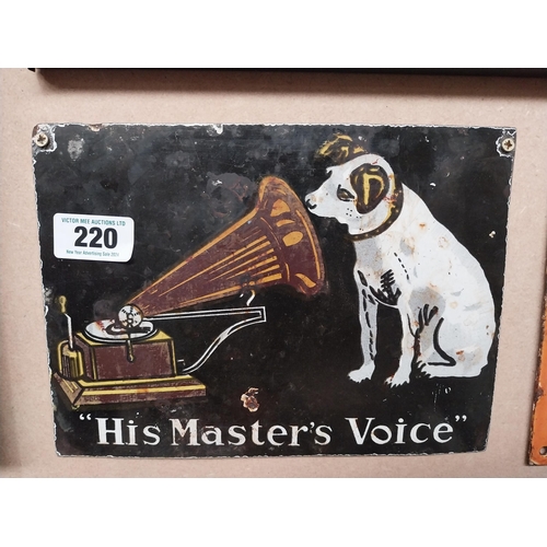 220 - His Master's Voice enamel advertising sign. {20 cm H x 28 cm W}.